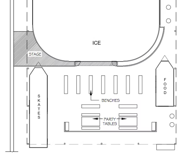 Floor plan of the rink area showing the ice, stage, skate rental, benches, party tables and food counter